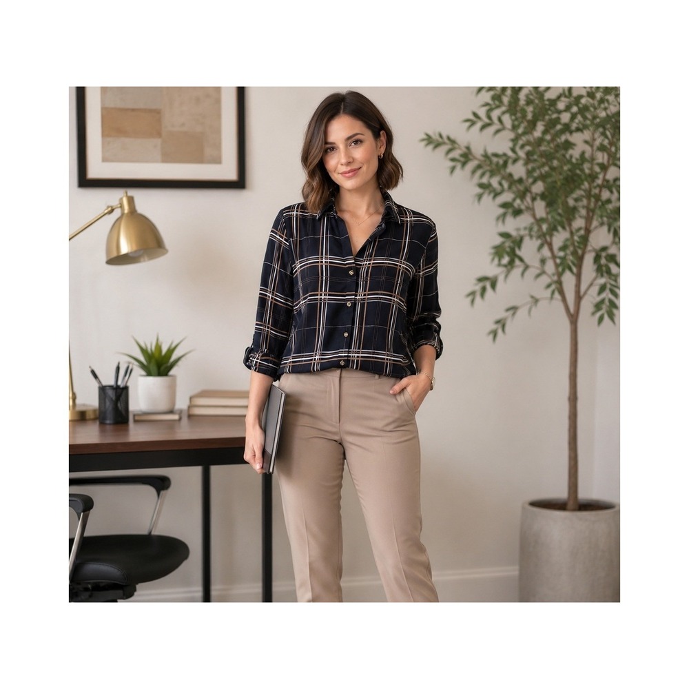 Charter Club Petite Black Plaid Button-Down Blouse PS 3/4 Roll Tab Sleeve Office